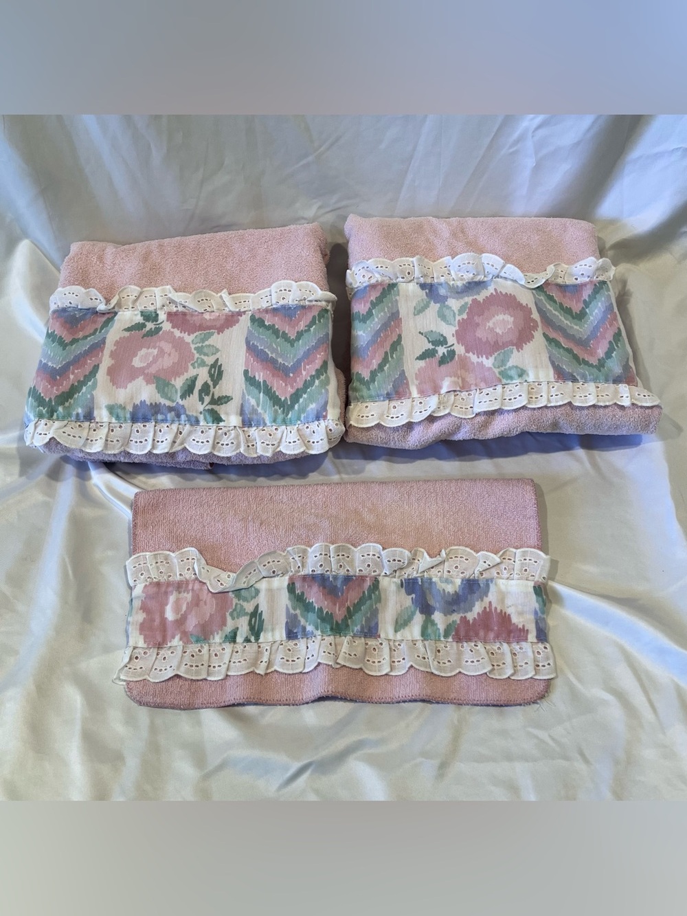 Vintage Lady Pepperell Celebration Towel Set 3 Pc Pink Floral Cottagecore